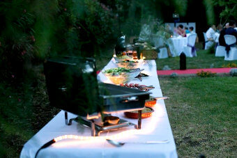 Wedding party with buffet in the garden