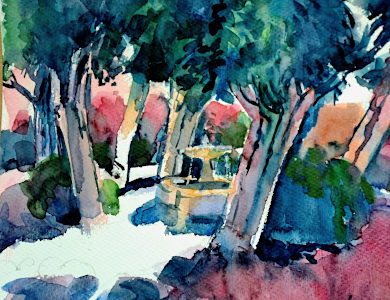 Painting from Diana Golladge Watercolurs Fountain with trees