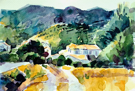 Painting from Diana Golladge Watercolurs Hills of the Axarquia in the sun